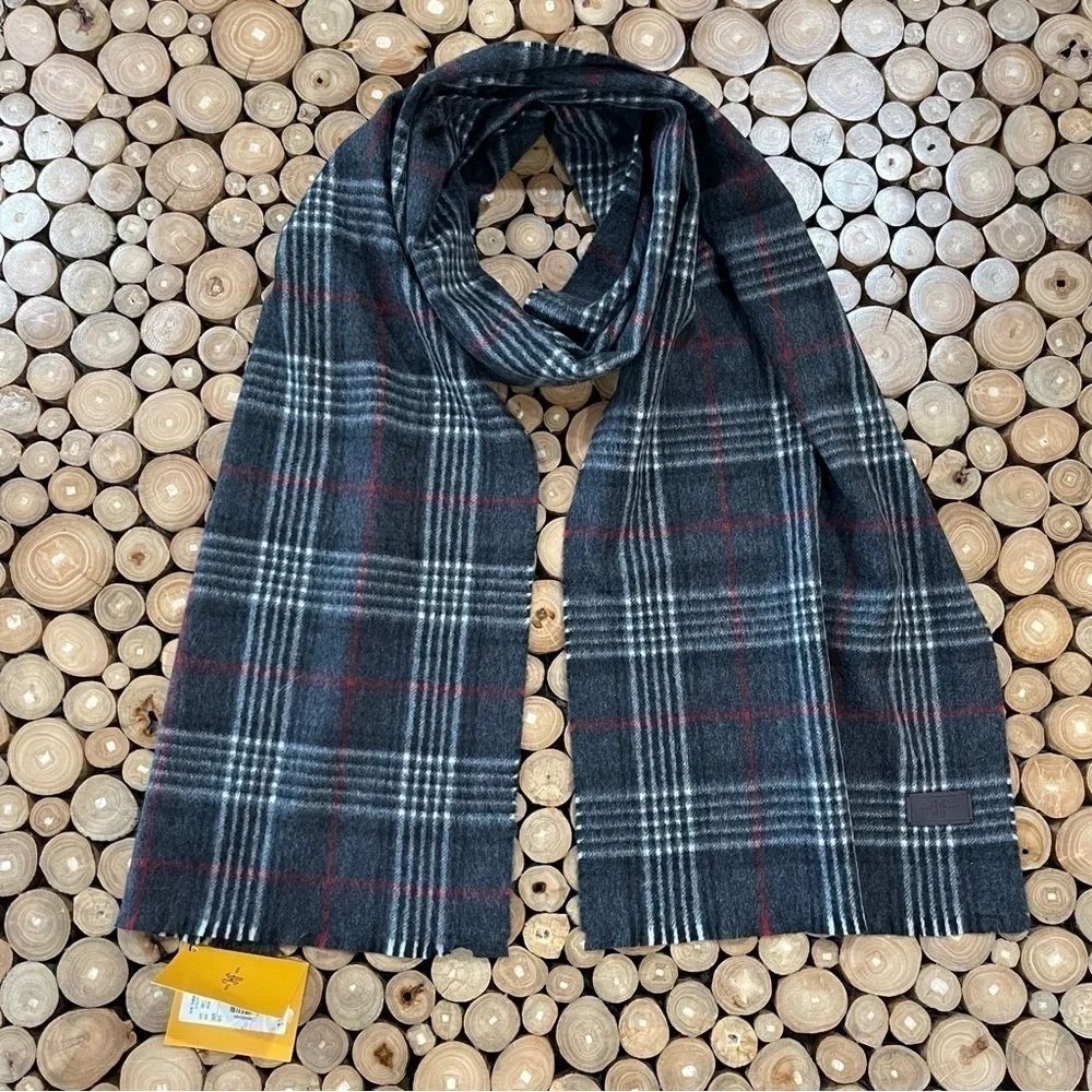 Hickey Freeman Mens 100% Cashmere Scarf Black Gray Red Plaid Check NWT $125